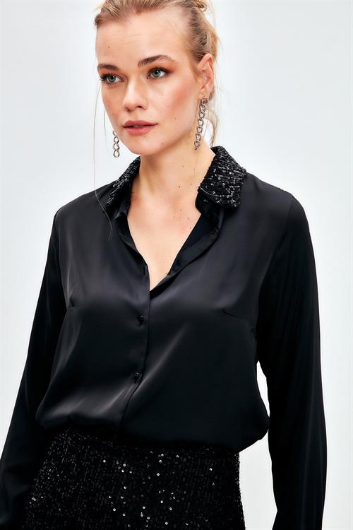 Wholesale Womens Black Satin Shirt with Sequin-Embellished Collar and Cuffs