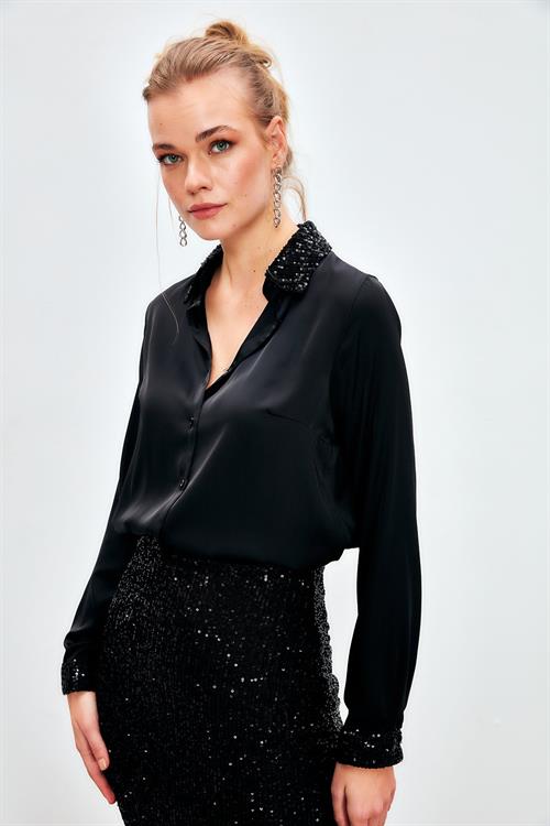 Wholesale Womens Black Satin Shirt with Sequin-Embellished Collar and Cuffs