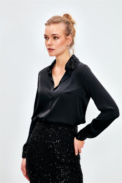 Wholesale Womens Black Satin Shirt with Sequin-Embellished Collar and Cuffs