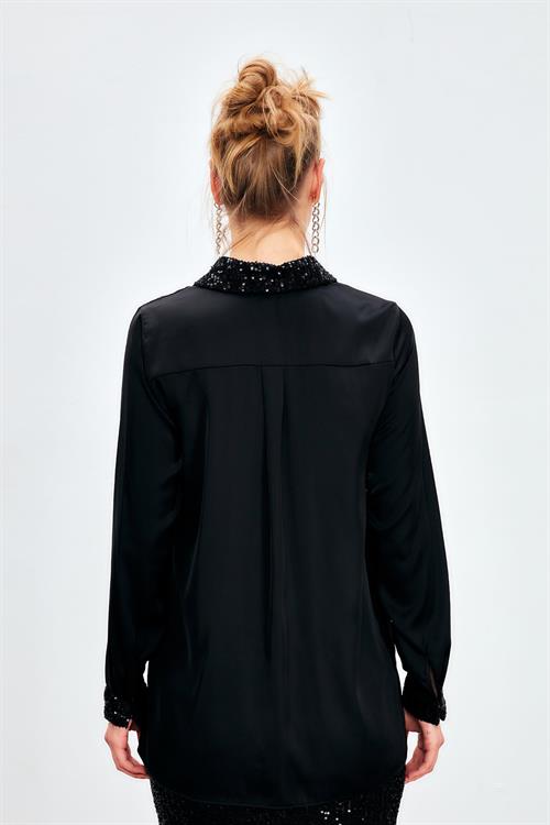 Wholesale Womens Black Satin Shirt with Sequin-Embellished Collar and Cuffs