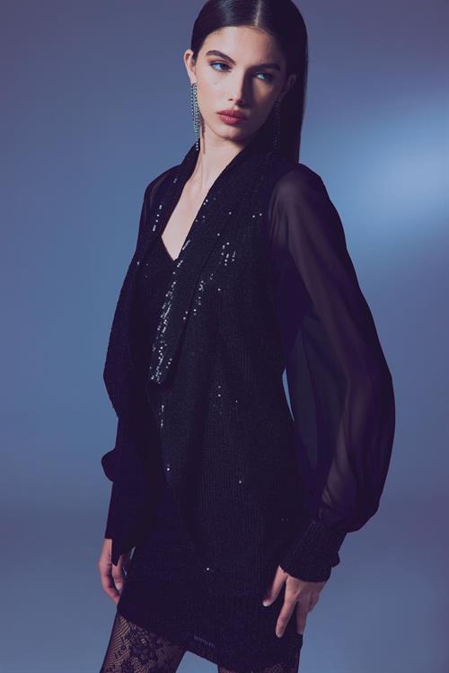 Wholesale Womens Black Sequined Jacket with Chiffon Bishop Sleeves