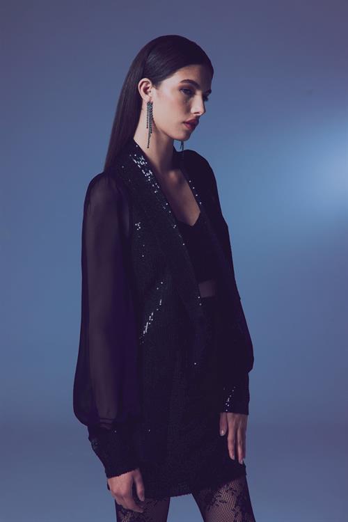 Wholesale Womens Black Sequined Jacket with Chiffon Bishop Sleeves
