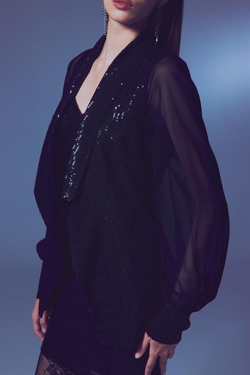 Wholesale Womens Black Sequined Jacket with Chiffon Bishop Sleeves