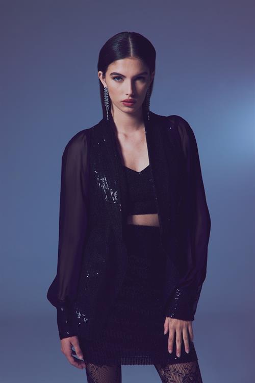 Wholesale Womens Black Sequined Jacket with Chiffon Bishop Sleeves