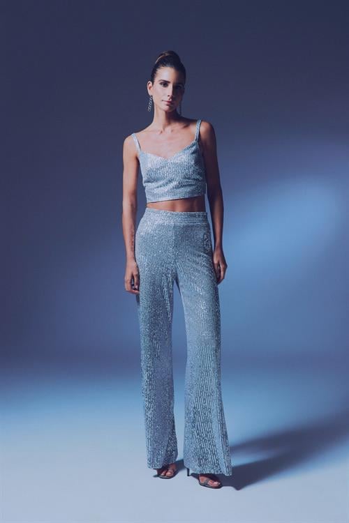 Wholesale Womens Silver Sequined Loose-Fit Trousers