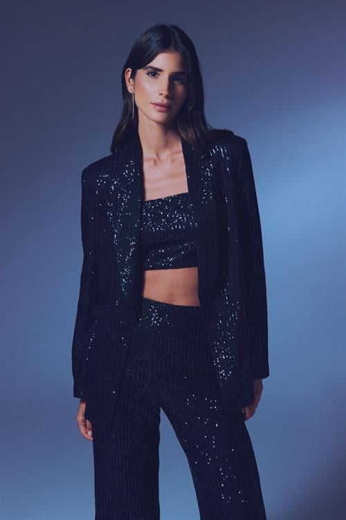 Wholesale Womens Black Sequined Loose-Fit Blazer