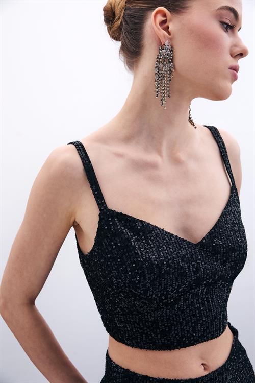 Wholesale Womens Black Sequined Strappy Crop Top