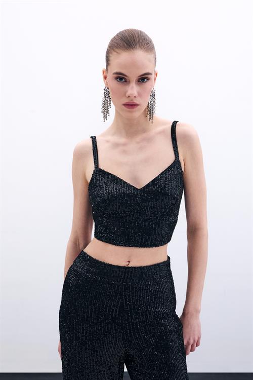 Wholesale Womens Black Sequined Strappy Crop Top