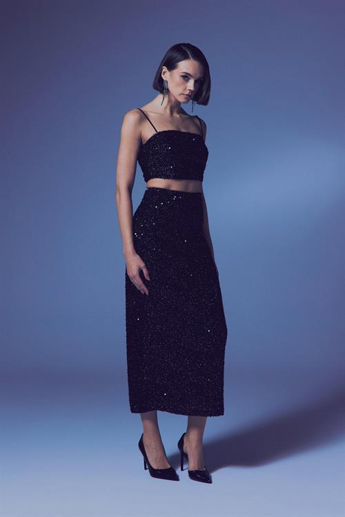 Wholesale Womens Black Sequined Strappy Crop Top