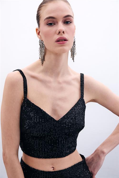 Wholesale Womens Black Sequined Strappy Crop Top