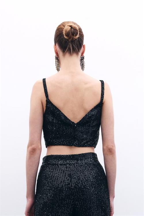 Wholesale Womens Black Sequined Strappy Crop Top