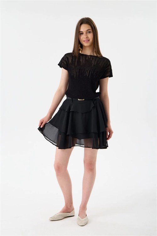 Wholesale Womens Black Sheer Mercerized Fine Knit Blouse with Boat Neck and Short Sleeves