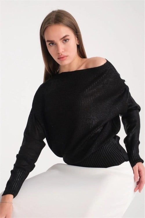 Wholesale Womens Black Shimmering Foil Knit Sweater with Wide Cuffs
