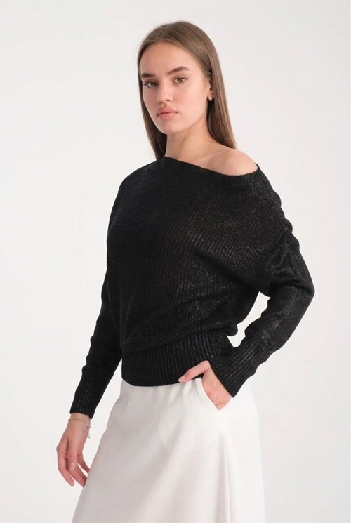 Wholesale Womens Black Shimmering Foil Knit Sweater with Wide Cuffs