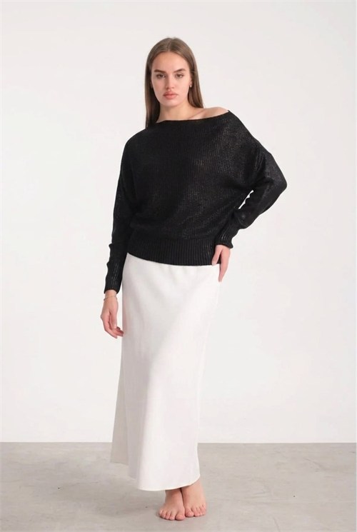 Wholesale Womens Black Shimmering Foil Knit Sweater with Wide Cuffs