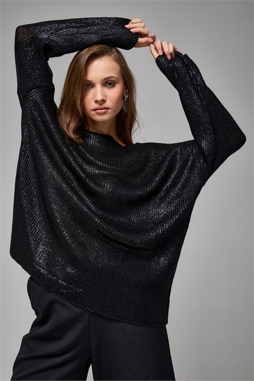 Wholesale Womens Black Shimmering Ribbed Knit Sweater