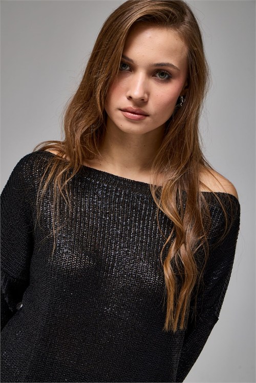 Wholesale Womens Black Shimmering Ribbed Knit Sweater