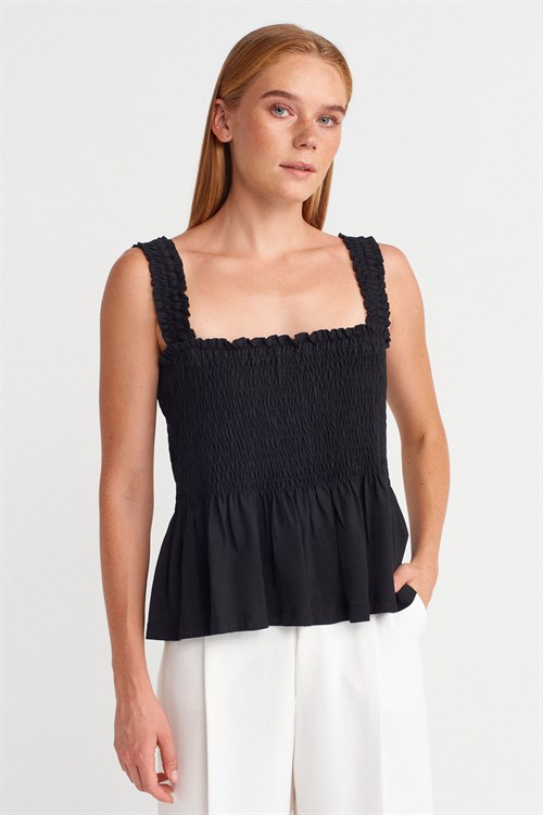 Wholesale Womens Black Shirred Strappy Blouse
