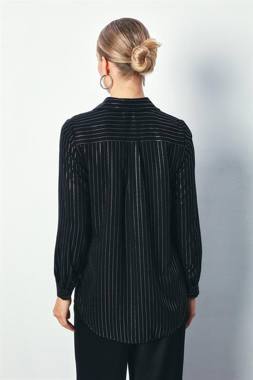 Wholesale Womens Black Shirt with Foil-Printed Stripes