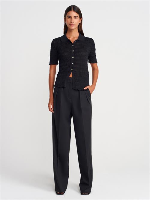 Wholesale Womens Black Short-Sleeve Button-Up Textured Fine Knit Cardigan