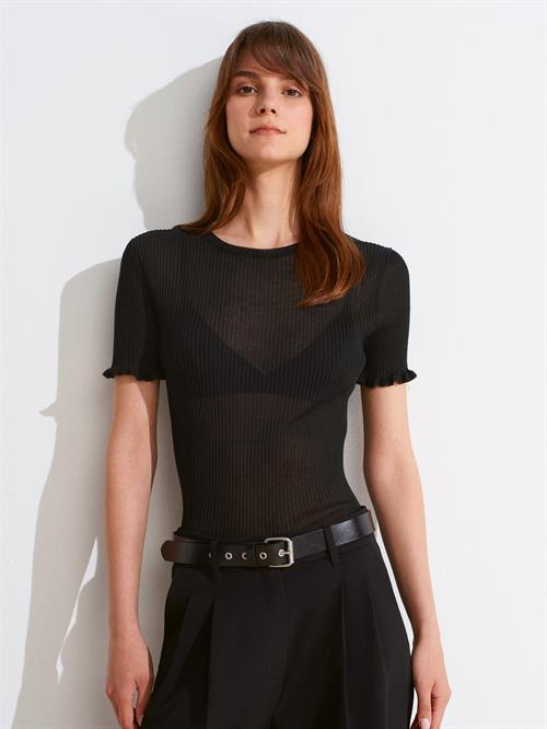 Wholesale Womens Black Short-Sleeve Fine Knit Crew-Neck Blouse with Ruffled Trim