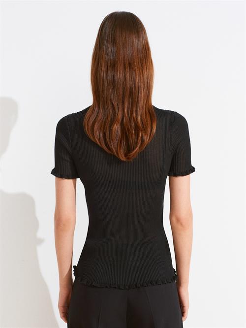 Wholesale Womens Black Short-Sleeve Fine Knit Crew-Neck Blouse with Ruffled Trim