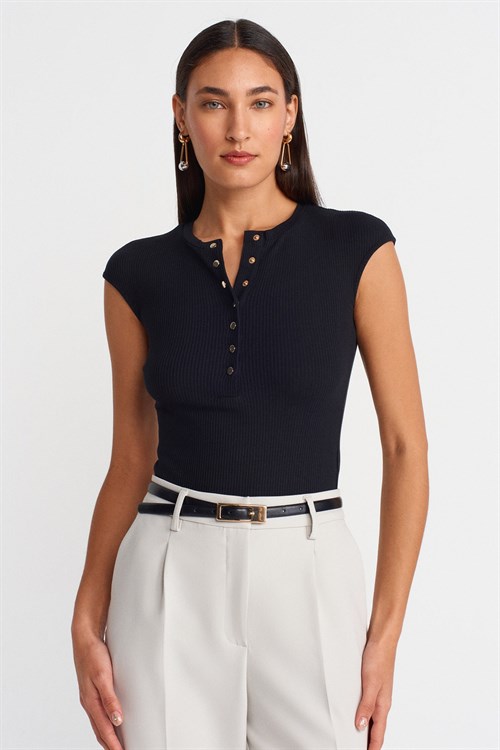 Wholesale Womens Black Short-Sleeve Top with Buttoned Half Placket