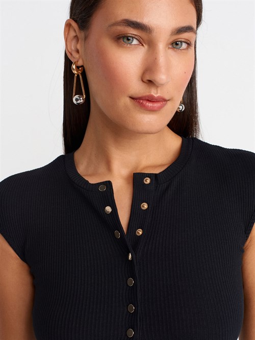 Wholesale Womens Black Short-Sleeve Top with Buttoned Half Placket