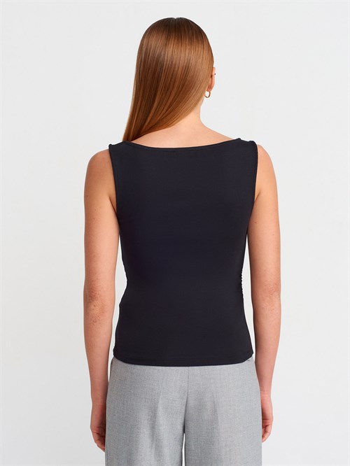 Wholesale Womens Black Side Gathered Boat-Neck Top