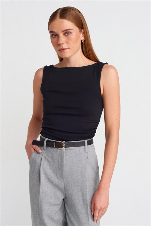 Wholesale Womens Black Side Gathered Boat-Neck Top