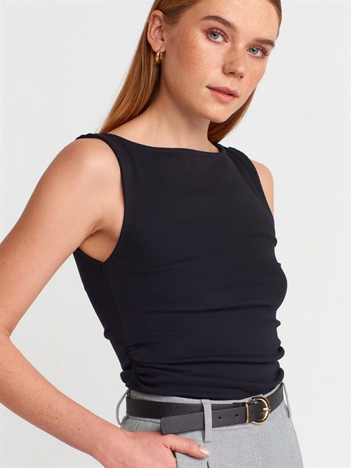 Wholesale Womens Black Side Gathered Boat-Neck Top