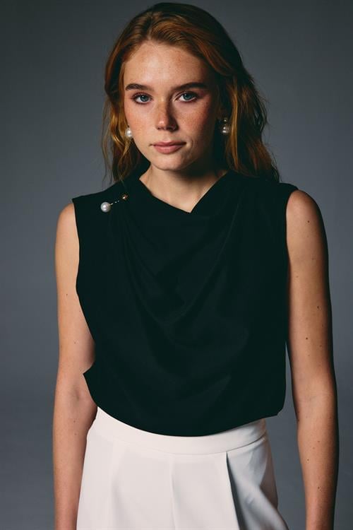 Wholesale Womens Black Sleeveless Blouse with Pearl Embellishment