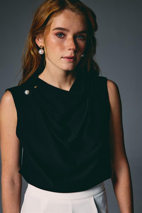 Wholesale Womens Black Sleeveless Blouse with Pearl Embellishment