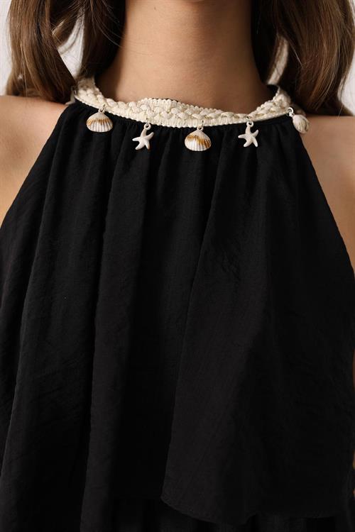 Wholesale Womens Black Sleeveless Layered Dress with Collar Detail