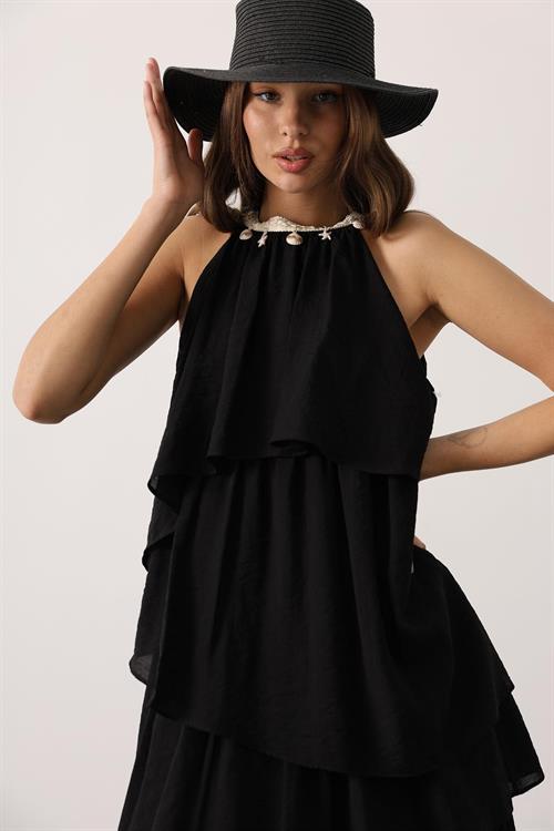 Wholesale Womens Black Sleeveless Layered Dress with Collar Detail