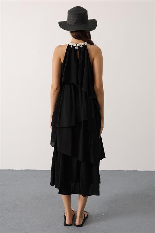 Wholesale Womens Black Sleeveless Layered Dress with Collar Detail