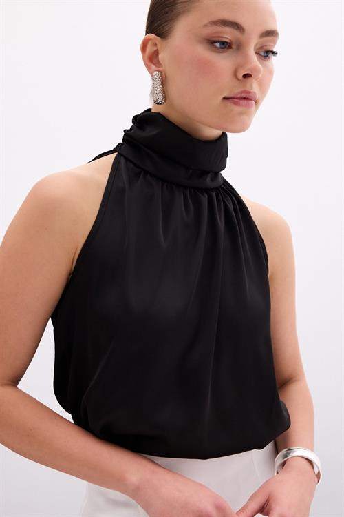 Wholesale Womens Black Sleeveless Mock-Neck Blouse