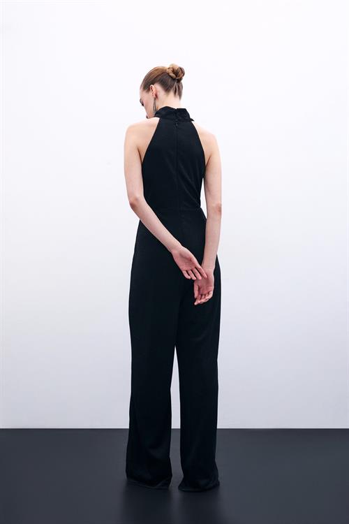 Wholesale Womens Black Sleeveless Mock-Neck Lurex Jumpsuit