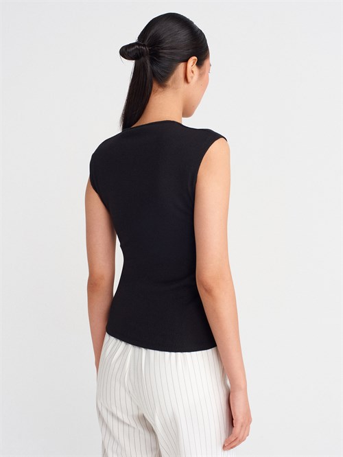Wholesale Womens Black Sleeveless Top with Button-Up Half Placket