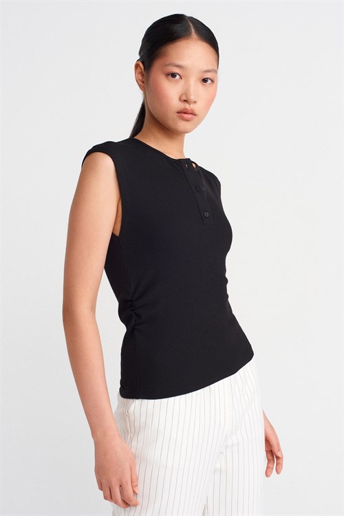 Wholesale Womens Black Sleeveless Top with Button-Up Half Placket
