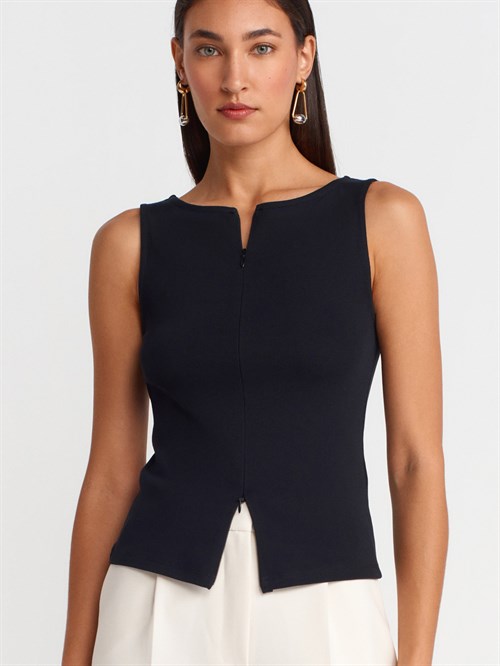 Wholesale Womens Black Sleeveless Top with Two-Way Zipper