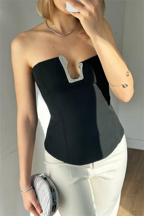 Wholesale Womens Black Sleeveless Top with Rhinestone Buckle