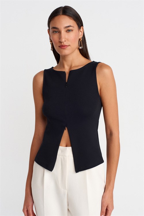 Wholesale Womens Black Sleeveless Top with Two-Way Zipper