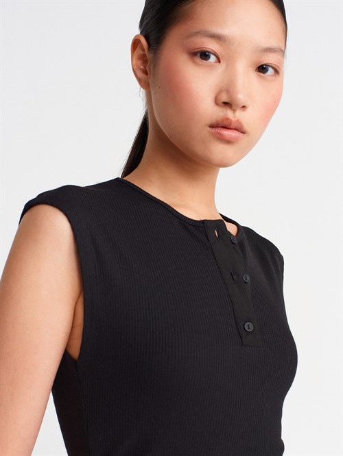 Wholesale Womens Black Sleeveless Top with Button-Up Half Placket
