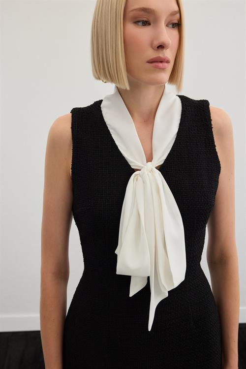 Wholesale Womens Black Sleeveless Tweed Dress with Scarf