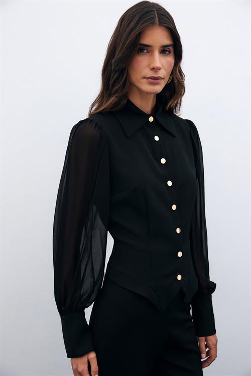 Wholesale Womens Black Snap-Up Shirt with Chiffon Bishop Sleeves