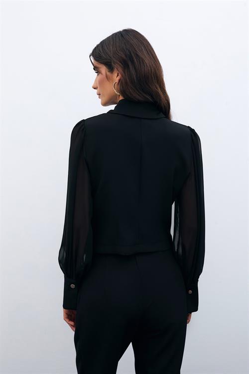 Wholesale Womens Black Snap-Up Shirt with Chiffon Bishop Sleeves