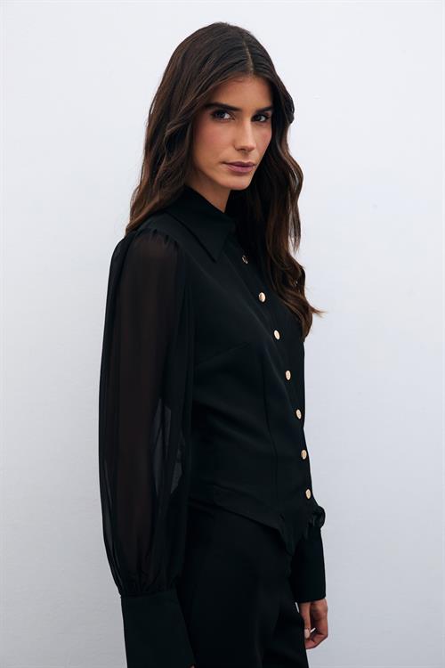 Wholesale Womens Black Snap-Up Shirt with Chiffon Bishop Sleeves