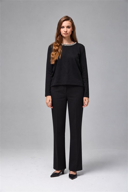Wholesale Womens Black Soft-Textured Knit Sweater with Pearl-Embellished Collar
