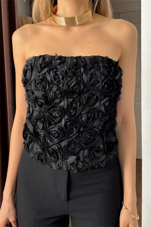 Wholesale Womens Black Strapless Lace-Up Back Top with Rosette Draping